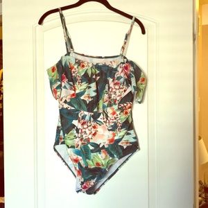 Tropical print, ruffle sleeve one piece swimsuit